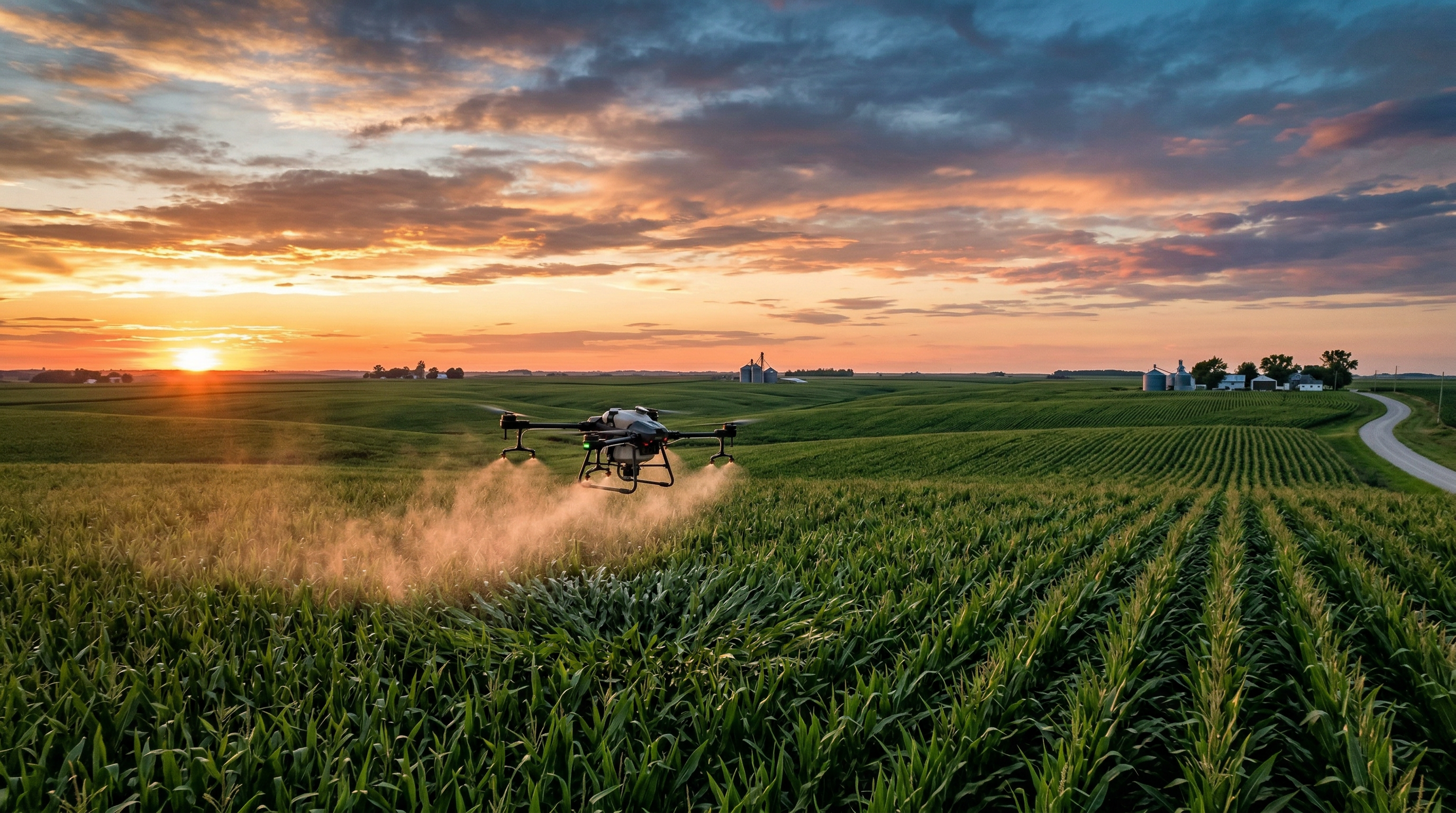 Agricultural spray drone flying over Iowa cornfields at sunset