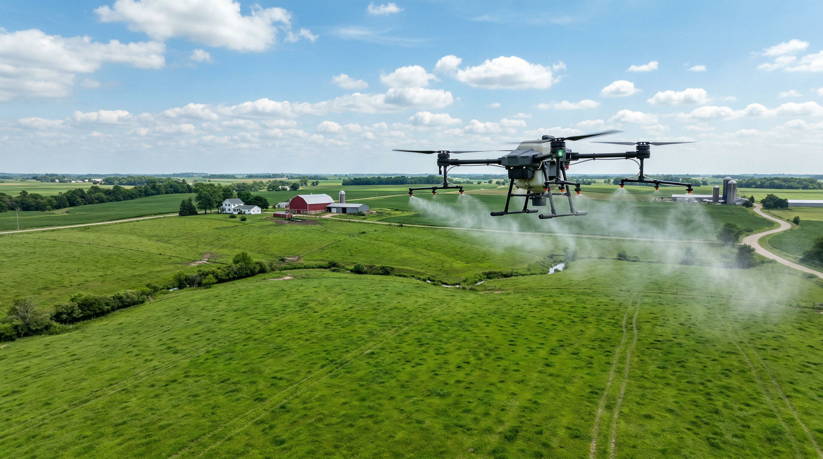 Drone spraying green Iowa pasture from aerial view